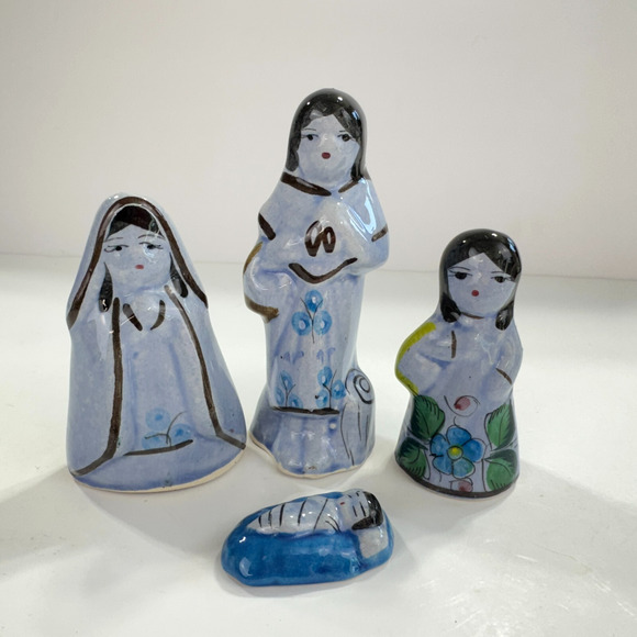 Tonala Mexican Pottery Nativity Blue 4 Piece Set Christmas Holy Family - Picture 1 of 13